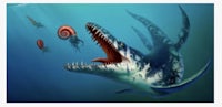 a dinosaur with its mouth open and a jellyfish in its mouth